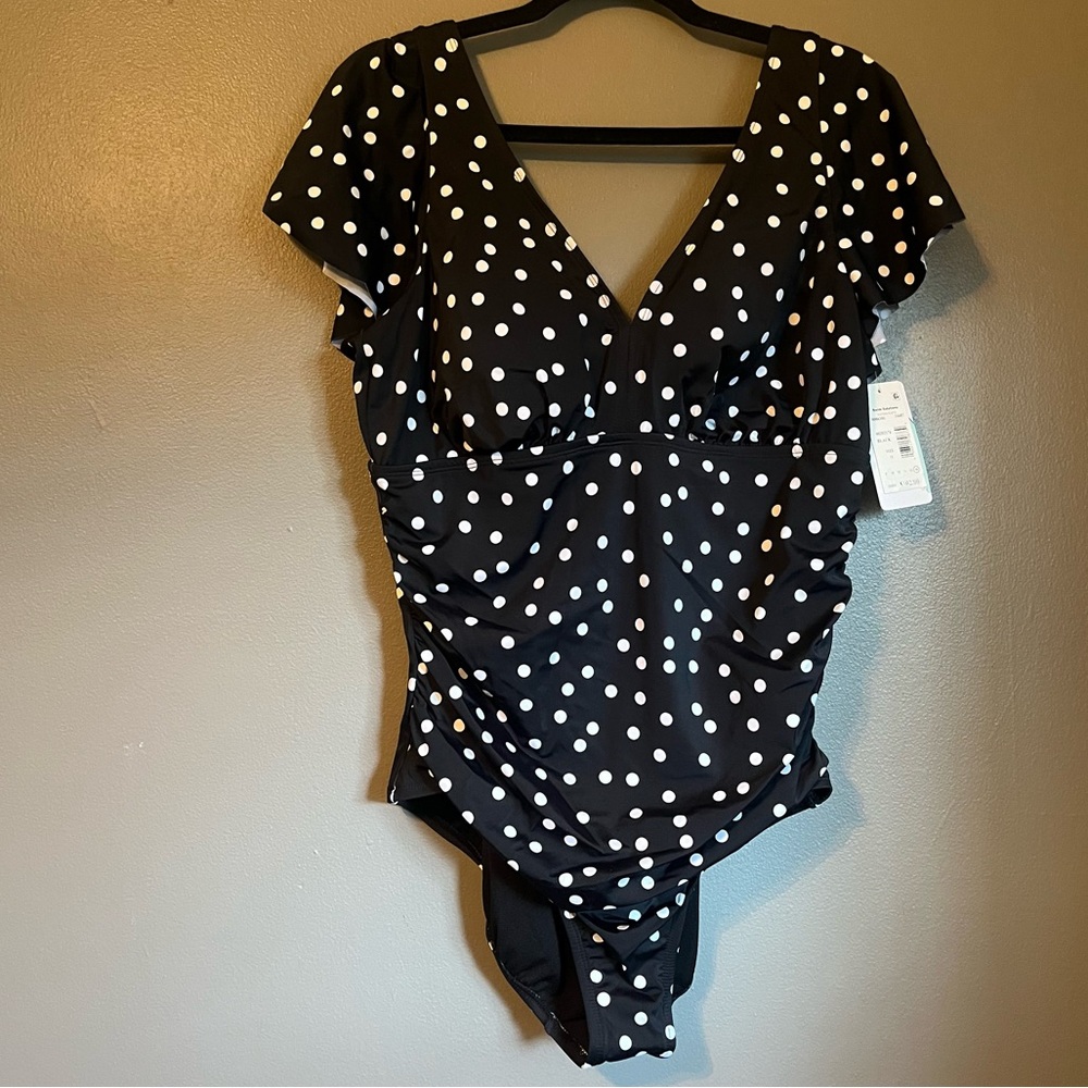 NWT Swim Solutions 18 Flutter Sleeve Black Polka-dot One-Piece Swimsuit Ret $102
